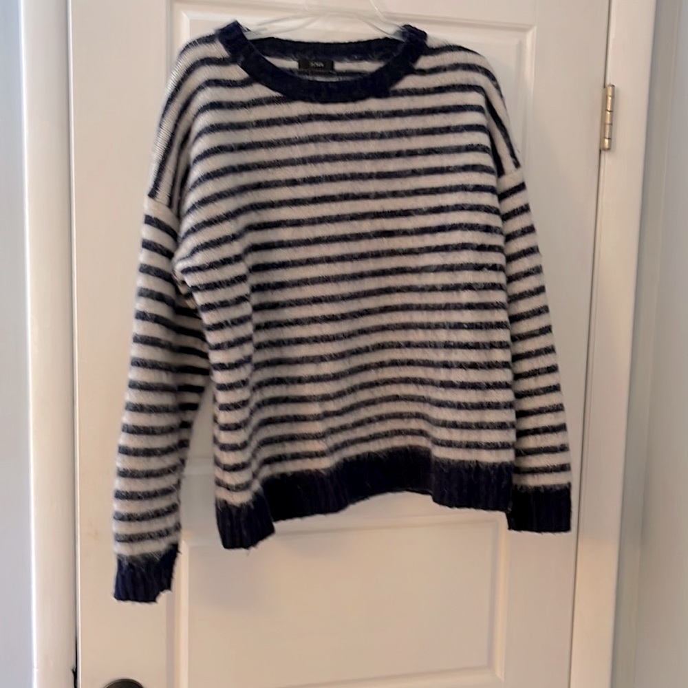 JCrew Women’s Navy and White Striped Sweater with Patched Elbows